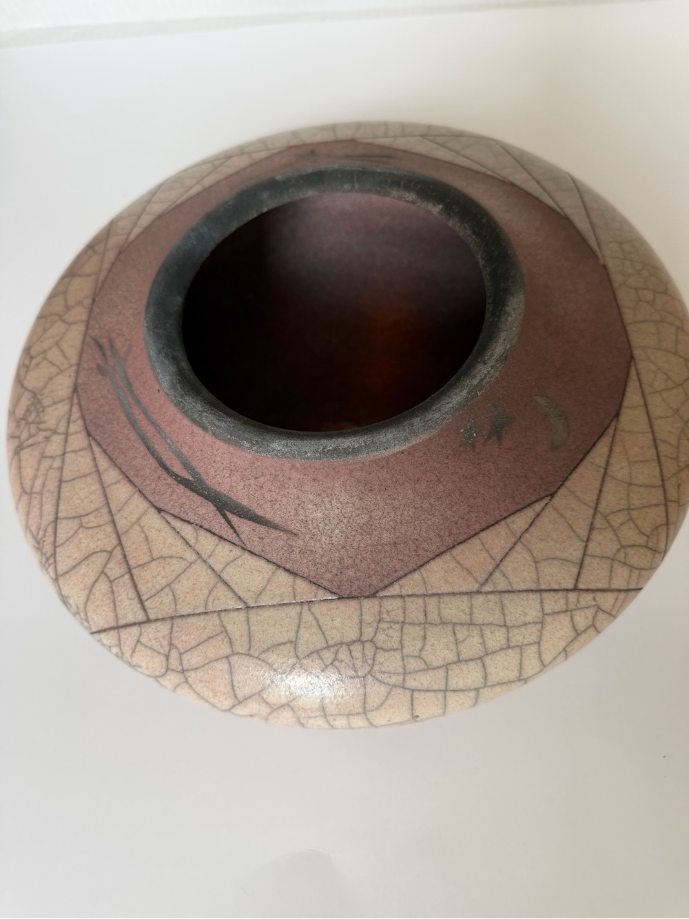 RAKU Crackle Vase Bowl Signed Studio Art Pottery Unique Handcrafted Metallic